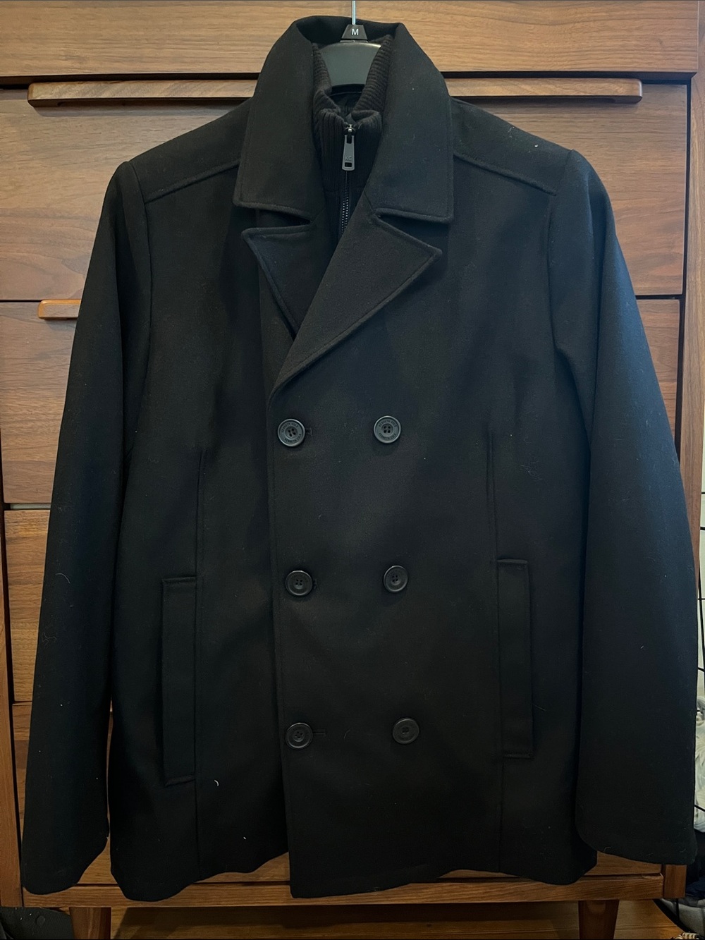 Kenneth Cole Men's Black Double-Breasted Layered Peacoat Jacket